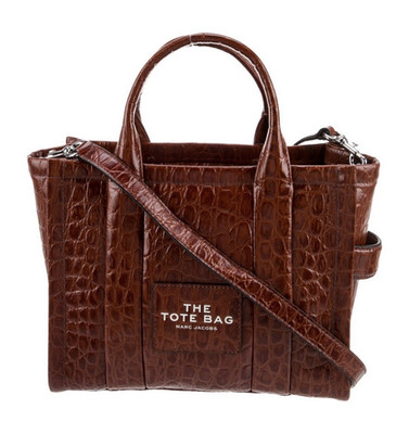 Marc Jacobs The Tote Bag Small Brown Croc Embossed Zip Tote w/ Strap, Silver