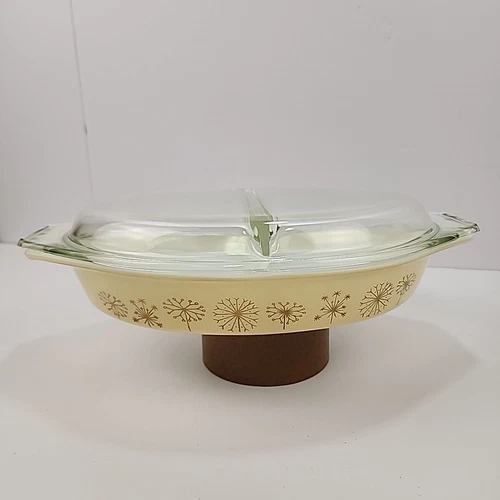 Vintage PYREX Dandelion Duo, divided casserole dish with lid #945C, Excellent.