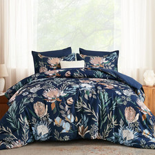 King Comforter Set 7 Pieces Bedding Sets, Navy Blue Floral Comforter and Sheet S
