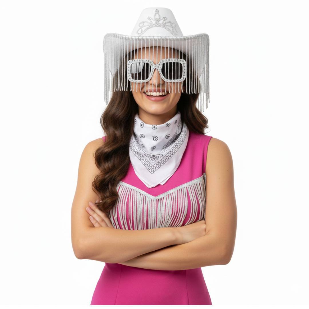 Pack Disfraz Vaquera Blanca Premium: Sombrero Cowgirl con Flecos y Corona, Gafas