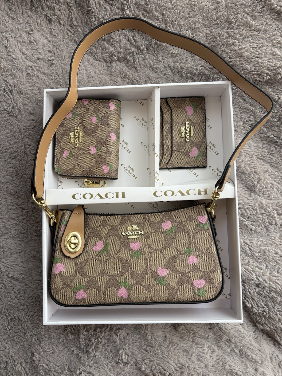 Coach Shoulder Bag, Wallet And Cardholder Set Brown With Pink Hearts