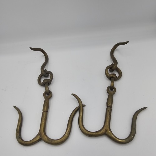 Vintage Brass Triple Meat Hooks Butcher Game Hanging Hooks Rustic Farmhouse Pair