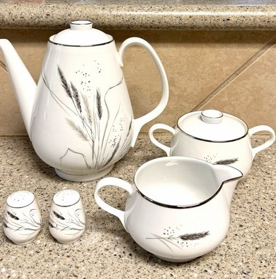 Easterling Ceres Wheat Porcelain Teapot, Creamer, Sugar, Salt & Pepper Lot