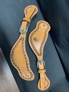 PAIR OF LEATHER COWBOY  SPUR STRAPS MARKED T WITH HORSE