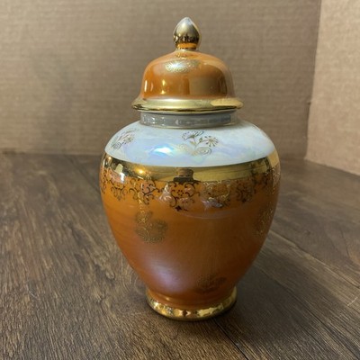 Kudo Toki Fancy China Ginger Jar Lusterware Iridescent White, Burnt Orange, Gold