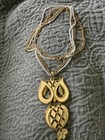 Vintage 1970s Articulated Owl Pendant Necklace Cream Enamel Gold Tone 3.5" Large — photo 1