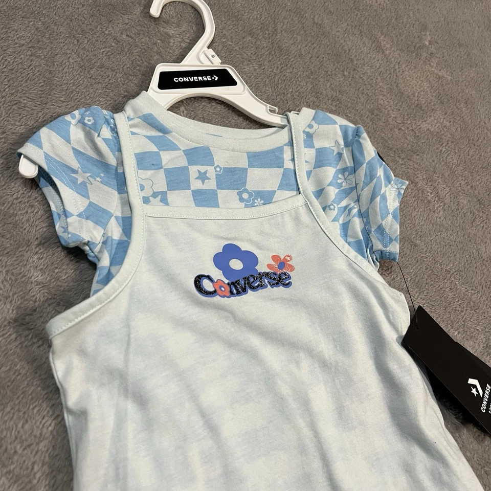 Converse Vestido Niño Pequeño 3T Azul Camisa Vestido Conjunto Niñas Flor Floral Foto 2 de 4
