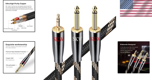 Pro-Level 3.5mm to Dual 6.35mm Y Splitter Cable - Magnetic Nylon Construction - Picture 2 of 8