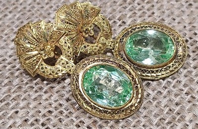Art Deco Uranium Glass Earrings Dangle Drop Gold Filled Filigree RARE Antique 
