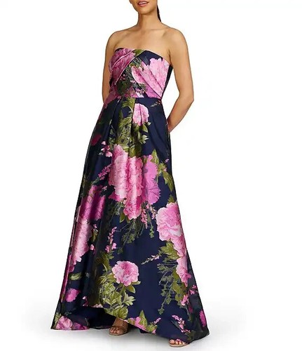 $398 New Kay Unger Holly Floral Print Strapless Gown In Azalea Pink. Size 4 - Picture 3 of 8