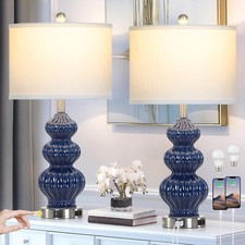 Triple Gourd Ceramic Table Lamps Set of 2, Modern Blue Bedside Lamps with USB...