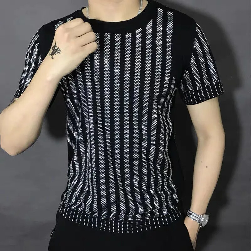 Nueva Camiseta Negra de Lujo para Hombres Diamantes de Estrás Moda Alta Calidad