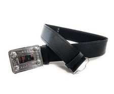 Black Leather Plain Scottish Highland Kilt Belt With Celtic Design Chrome Buckle