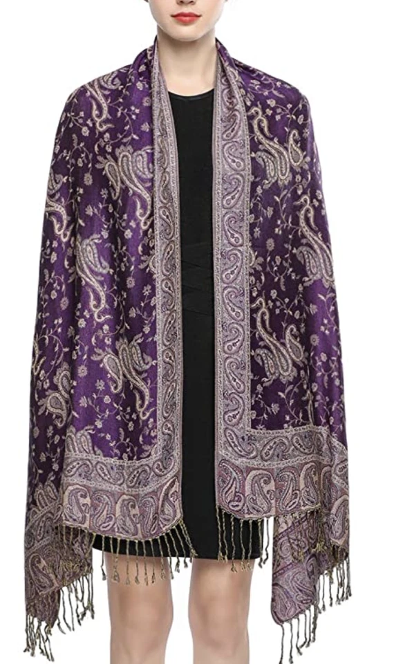 Soft Silky Reversible Paisley Pashmina Shawl Wrap Scarf Stole w/ Fringes 80"x28" - Image 4 of 4