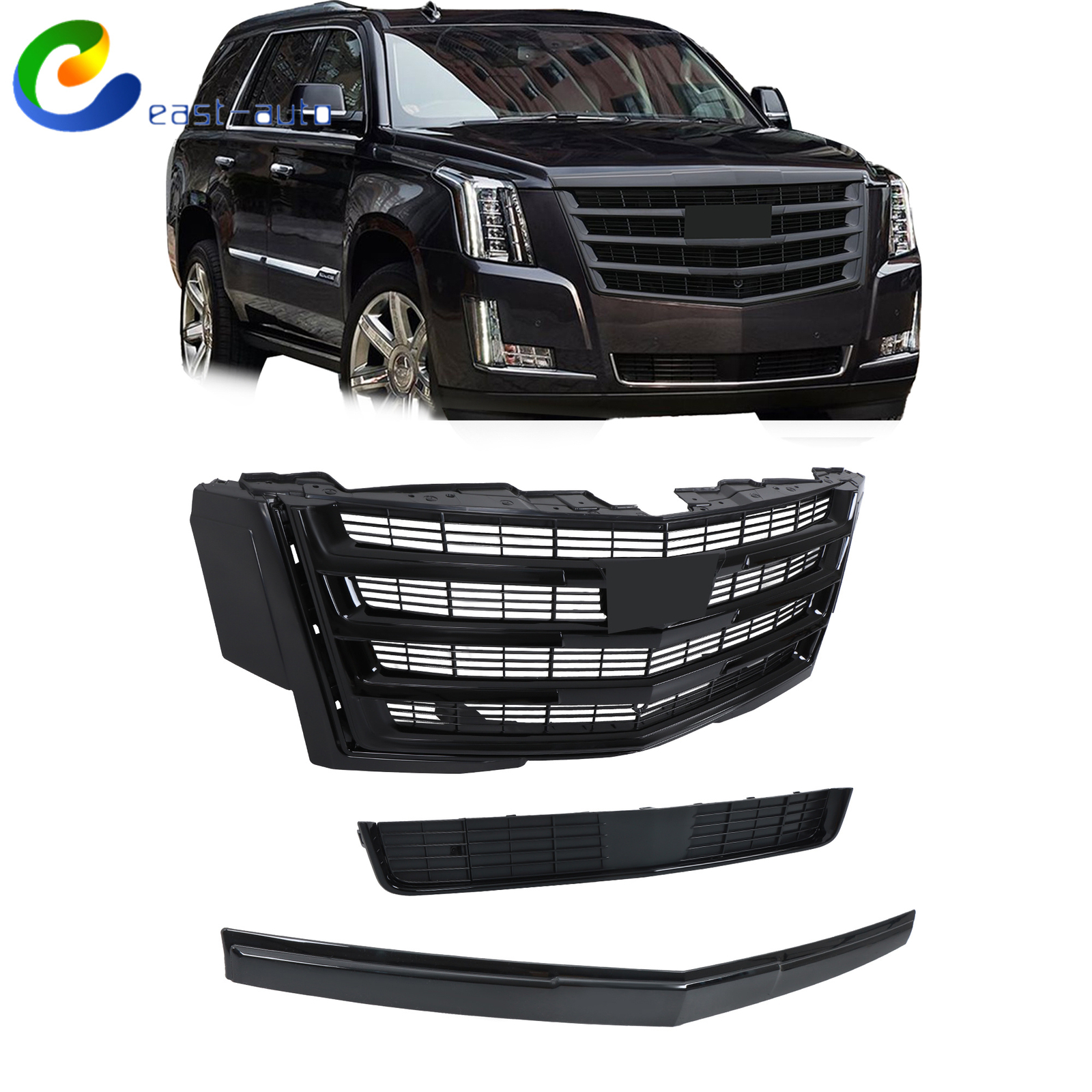 Front Bumper Grille & Hood Molding & Lower Face Bar Black For 2015-2020 Escalade