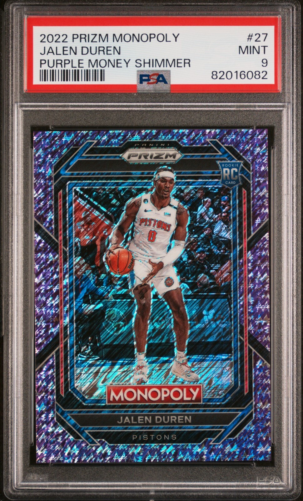 Jalen Duren 2022-23 Prizm Monopoly Purple Money Shimmer #27 RC 2/50 PSA 9💥💥💥