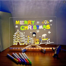 LED Message Board Acrylic Dry Erase Board Stand Light with 7 Coloured Pens US