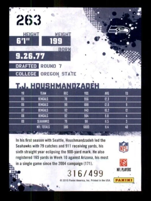 2010 Score Scorecard #263 T.J. Houshmandzadeh 316/499 - Image 2 of 2