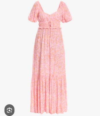 Billabong Sweet On You Sundaze Maxi Dress Pink Floral Plunge Puff Short  Sleeve | eBay