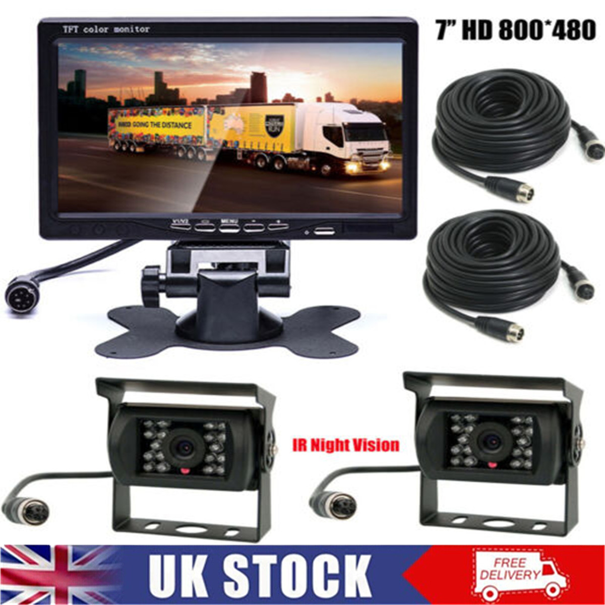 Dual Rear View Bus Caravan Truck Car Reversing Camera 7"" LCD Monitor Kit 12V-24V