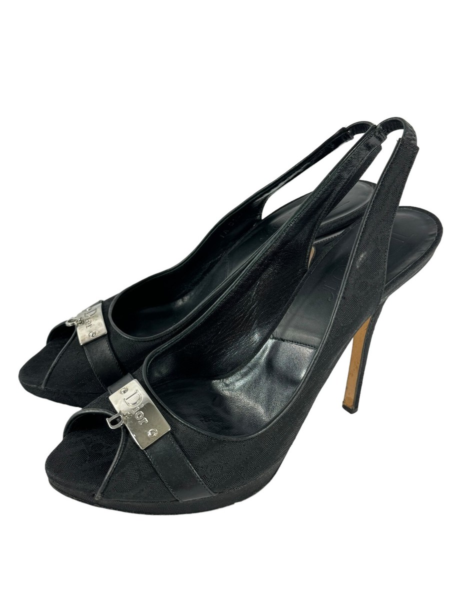 DIOR Black Monogram Canvas Open Peep Toe Logo Plaque Heels
