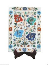 11"x8" White Marble Plate Serving Tray Lapis Lazuli Marquetry Pietra Dura Arts