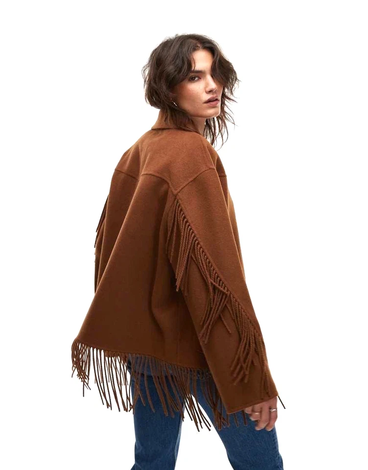 Chaqueta para mujer MANGO MNG Tekila mezcla de lana con flecos en marrón tabaco talla L Foto 4 de 4