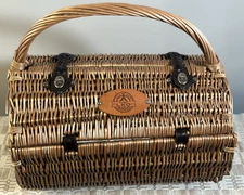 Vintage Picnic Time Wicker Basket Serves 2- With extra tablecloth and 2 plates