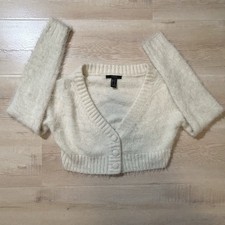 Forever 21 Women  s White Cropped Cardigan Sweater Size Extra Small
