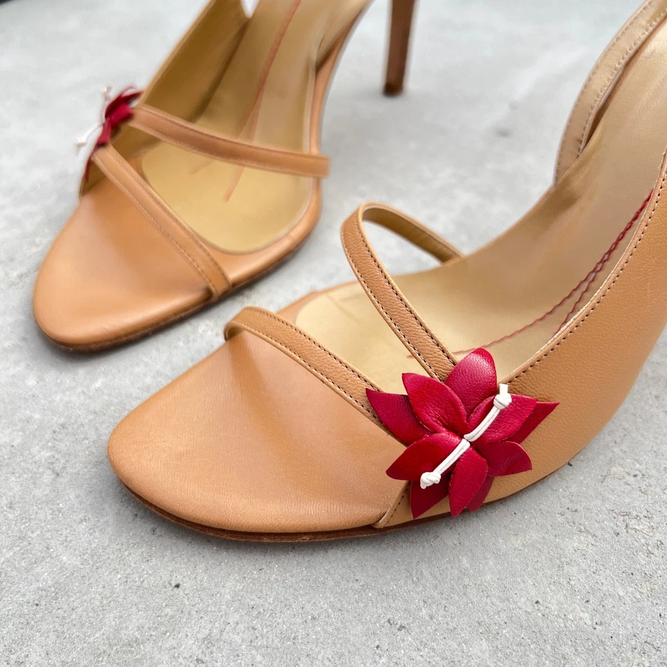 Kate Spade | Nude Leather Red Flower Dual Strap Open Toe Slingback Heels (9 1/2) - Image 3 of 4