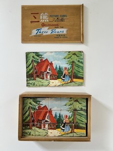 Vintage Goldilocks & Three Bears Wooden Picture Cubes Puzzle 6-Sided Block Toy