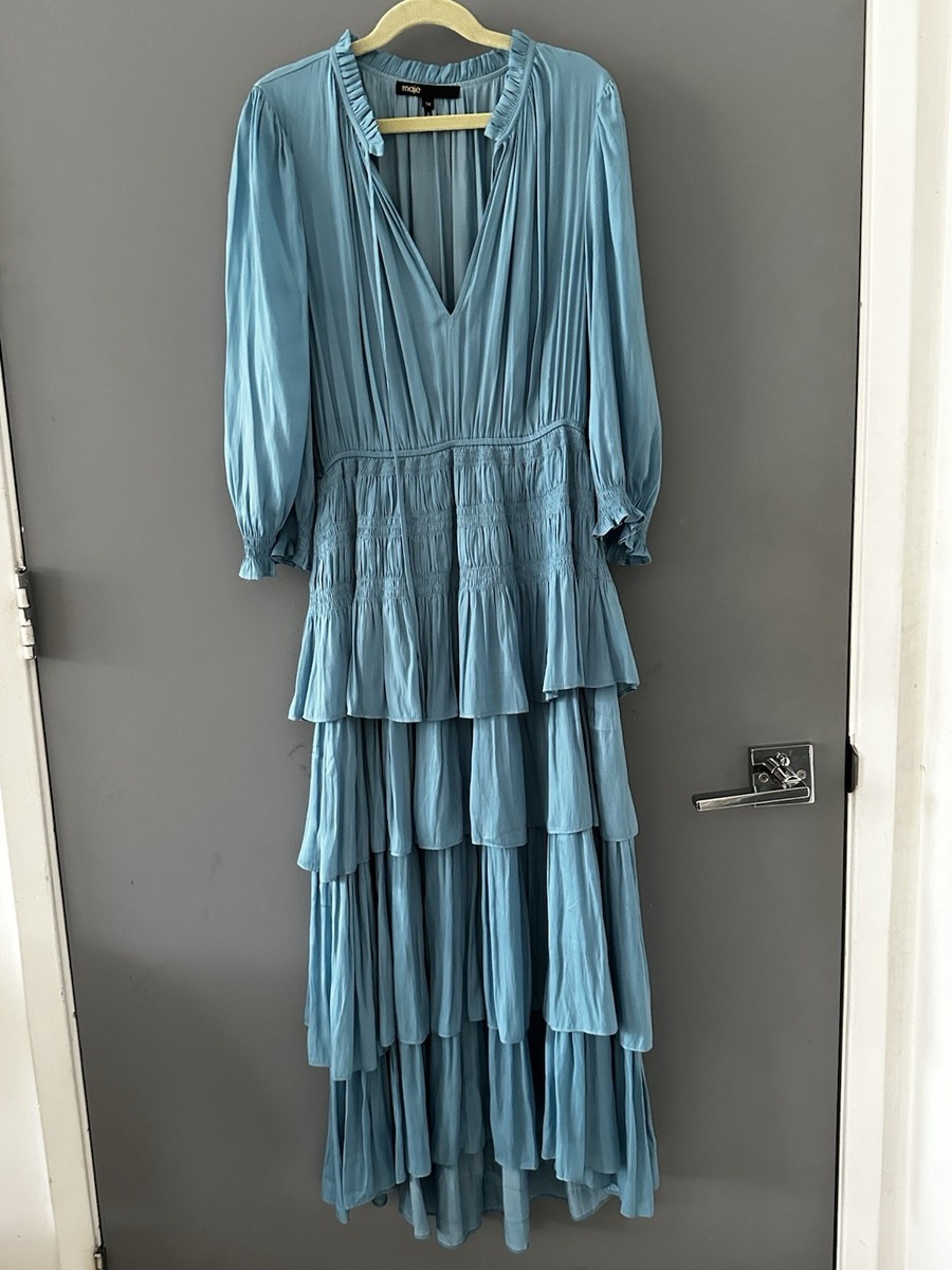 Maje Womens Size 34 Green Silver Metallic Lurex Ruffle Midi Dress MSRP $595  | eBay