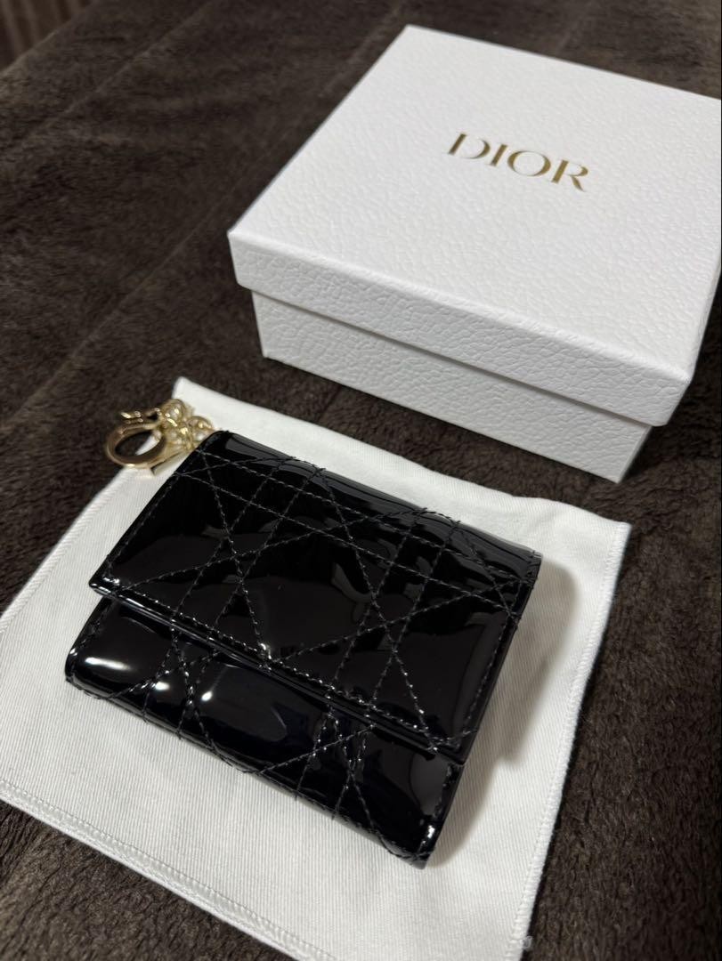 Dior Lady Canage Lotus Black Patent Leather Tri-Fold Wallet with Box & Pouch