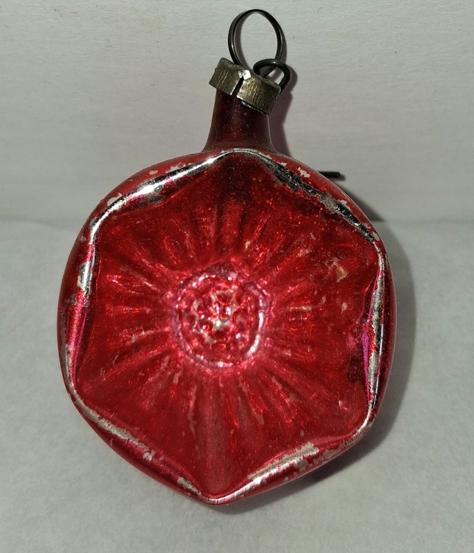RARE Antique Glass Feather Tree Deep Red Star Indent Christmas Ornament Germany