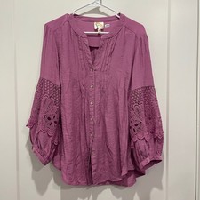Fig  Flower Purple Crochet Lace Sleeve Button Down Boho Blouse Plum Medium