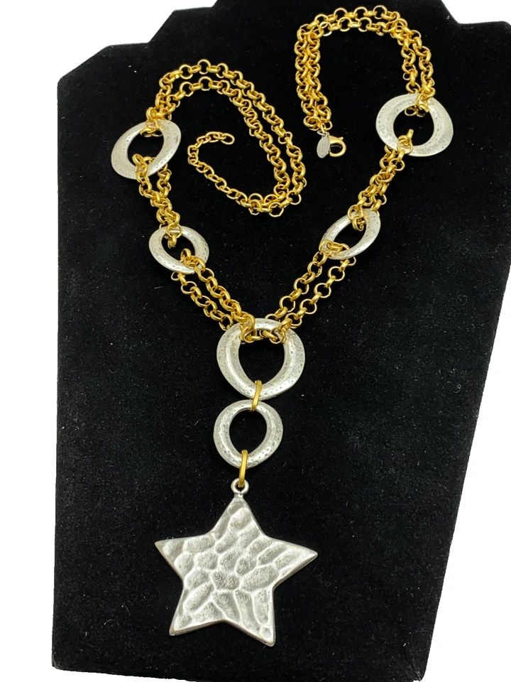 Collar Colgante Estrella Celestial de Chico 2 Tonos Eslabones de Plata Cadena Oro 26 pulgadas Foto 4 de 4