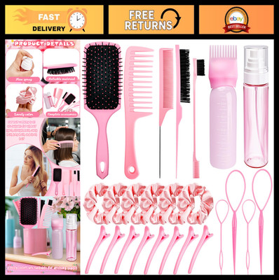 25 Pcs Hair Styling Set - Pink Paddle Brush, Spray Bottle, Combs, Scrunchies & M
