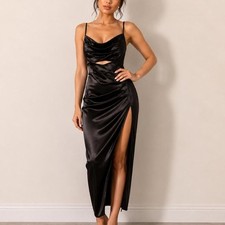Windsor Black Satin Maxi Dress with cutout detail and side slit. Size: XS