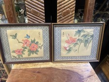 Pair of Orential Chinese Silk Paintings Floral Design Butterflies Signed Framed