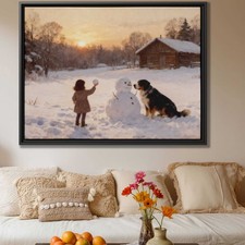 Winter Landscape Oil Painting Bernese Mountain Dog Canvas Print Cozy Decor