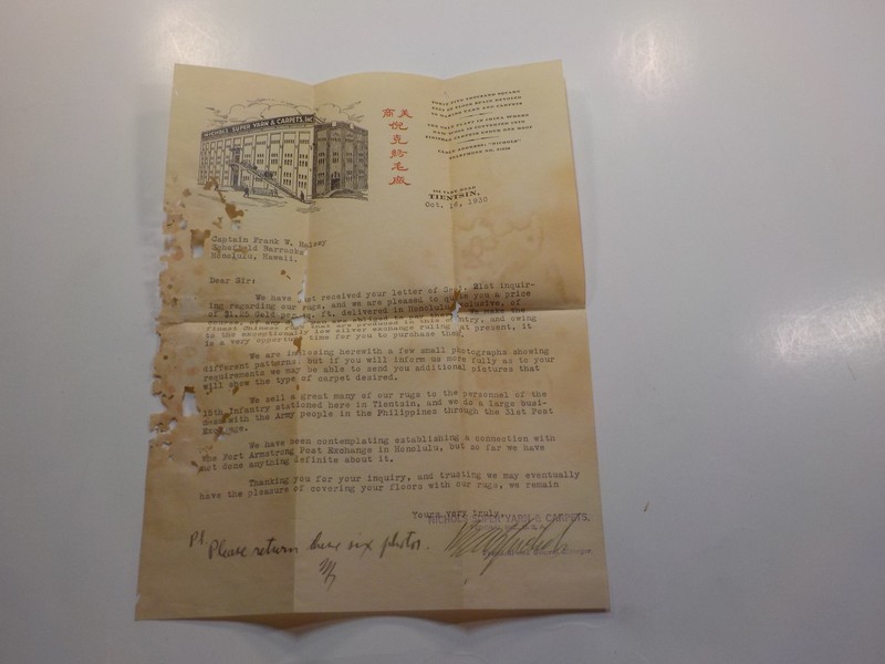 Military Letter 1930 Tientsin China Major Halsey Honolulu Hawaii   WW1 WW2 War