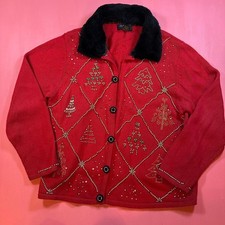 Vintage 90s Christmas holiday sweater button front 1990s faux fur collar sweater