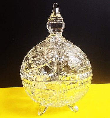 Vtg. Lead Crystal Clover Shaped Filial Top Rose Etched Footed Bonbonniere POLAND