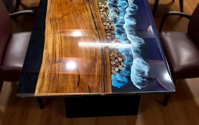 Handmade Ocean Epoxy Resin River Table | Live Edge Wood Dining Coffee Table - Image 3 of 4