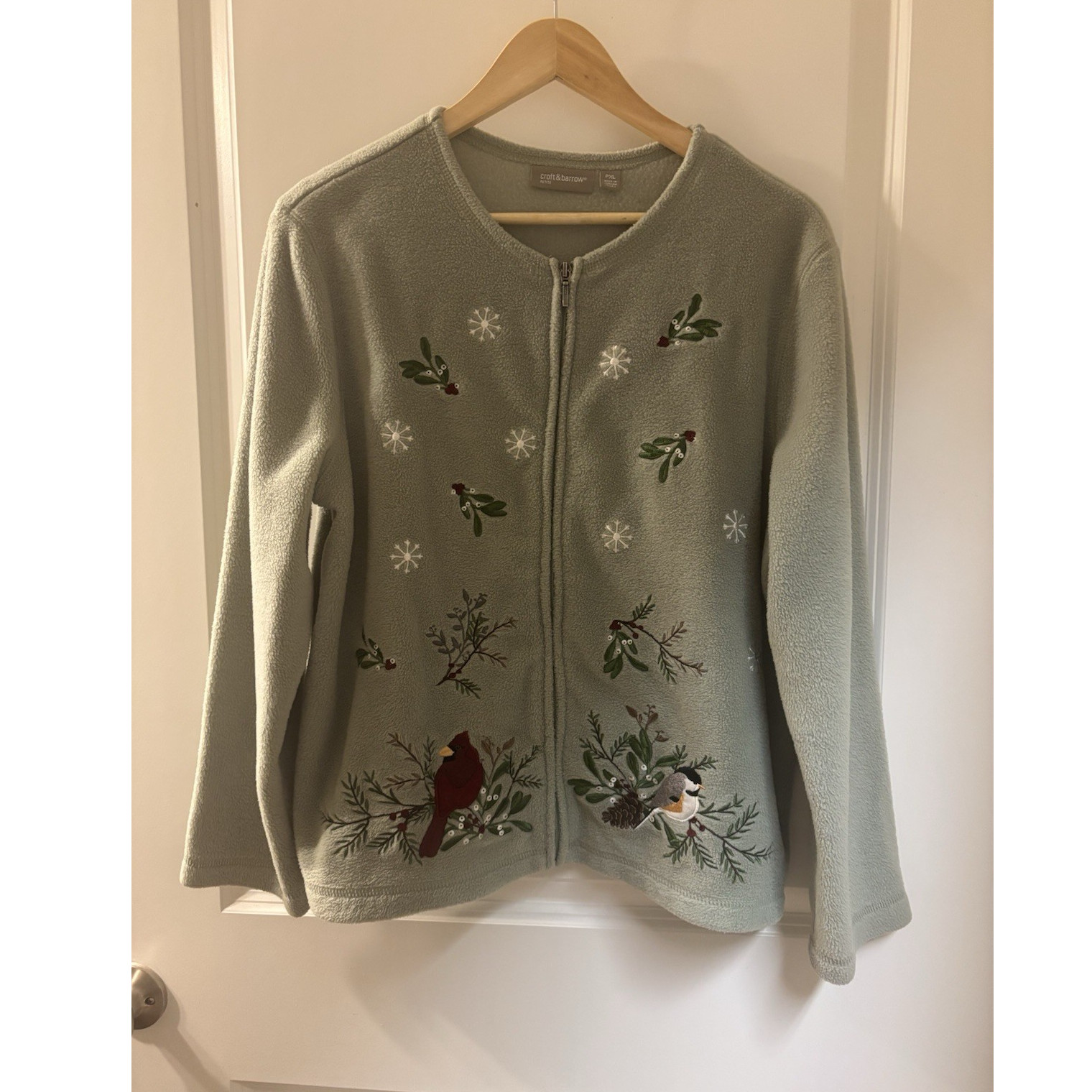 Croft & Barrow Petite PXL Fleece Zip Sweater Embroidered Birds Light Green