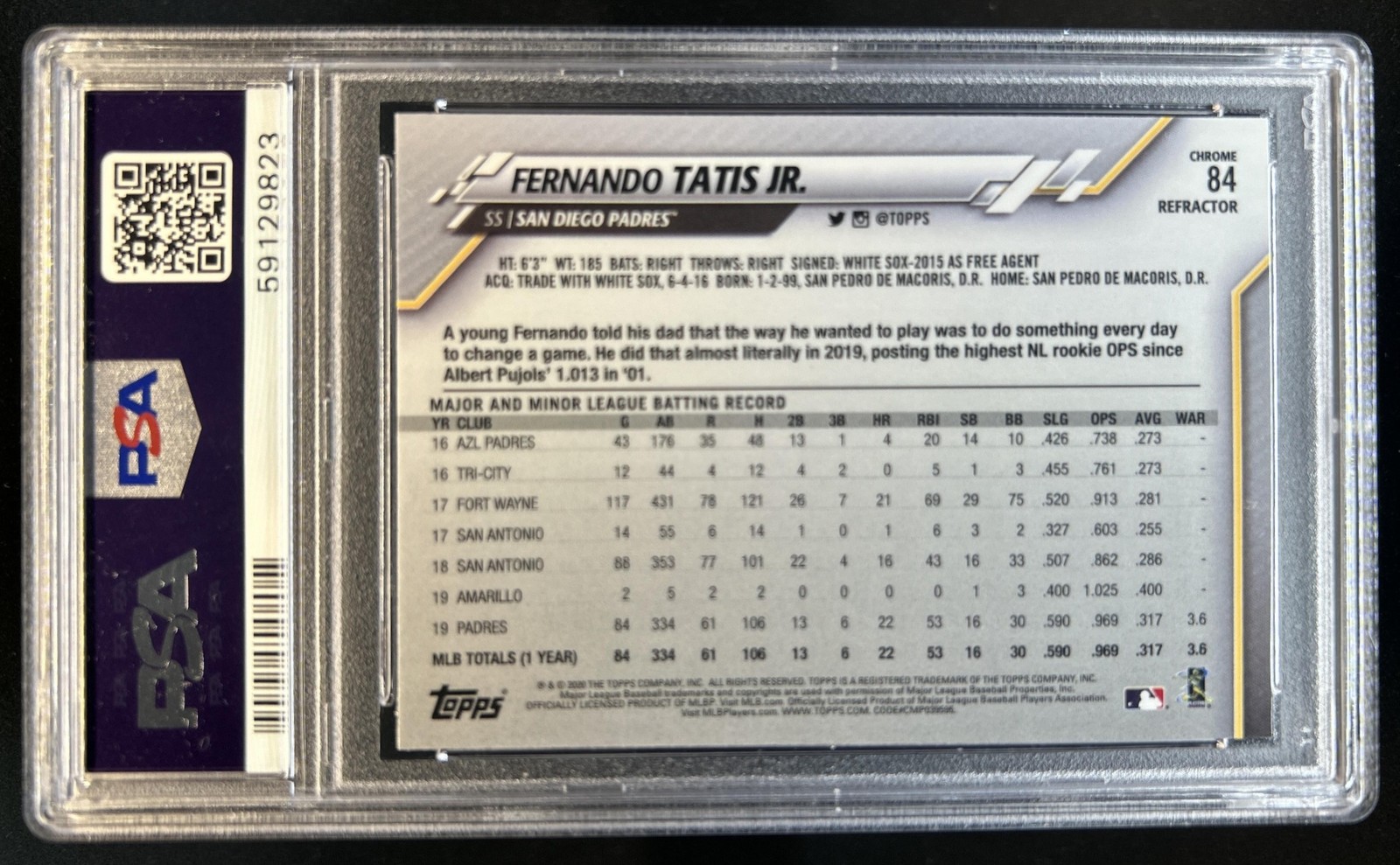 2020 Topps Chrome Fernando Tatis Jr. X-Fractor Refractor #84 Padres PSA 10 view 2