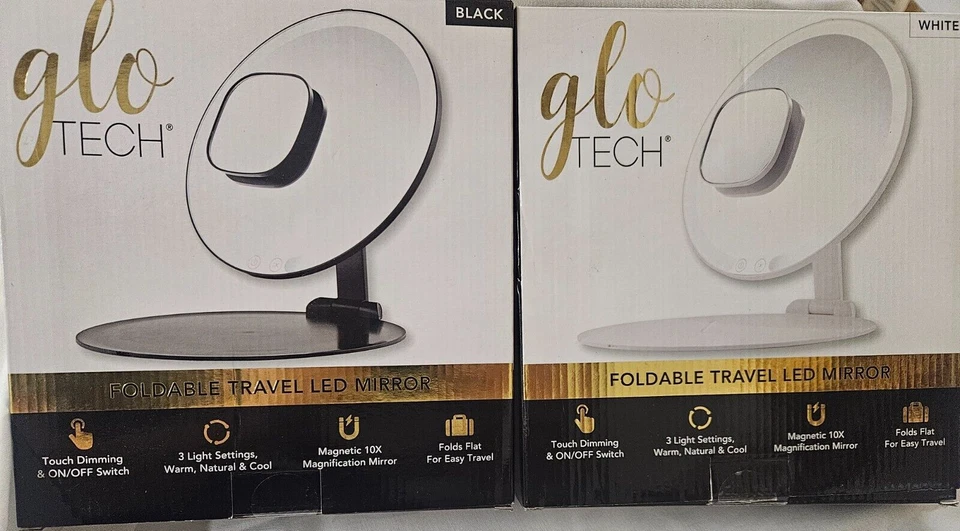 Glo Tech Foldable 8" Travel LED Mirror - Black & White - Open Box