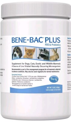 Pet-Ag Bene-Bac Plus  FOS Probiotics for Dogs Cats Wildlife Mammals 16OZ 08/25