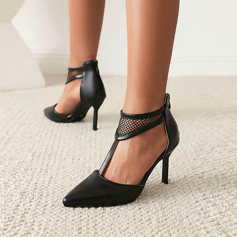 Womens Summer Pointed Toe High Heels Mesh T-strap Stiletto Sandals