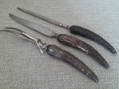 3 Pc Antique Cutlery Knife Antler Handle Bull Deer Buck L.F. And Co Fork Knife